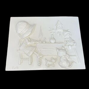 Vintage 1970s Joseph Zutz Resin Frieze Art "Love Letter" Girl w/ Cat Wall Plaque